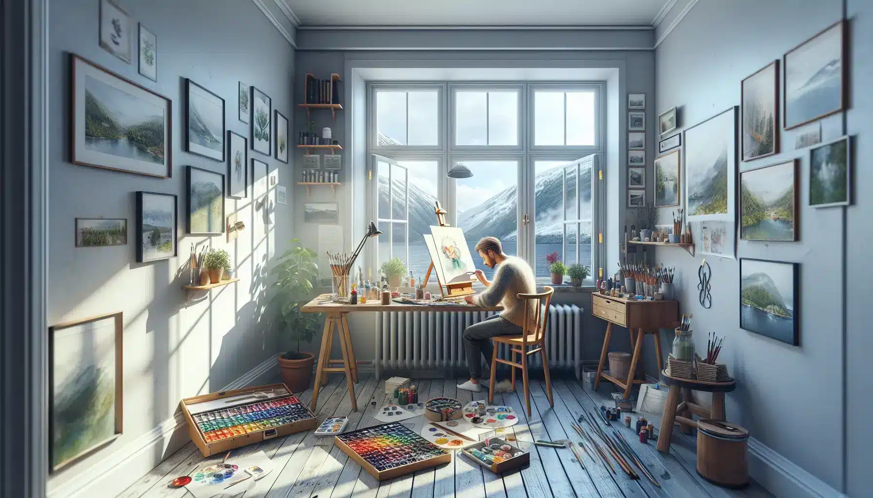 Slik kommer du i gang med maling som hobby – tips for nybegynnere 3 Et enkelt hjemmestudio for maling gir riktig lys, trygg ventilasjon og stabil arbeidsflate – illustrasjon