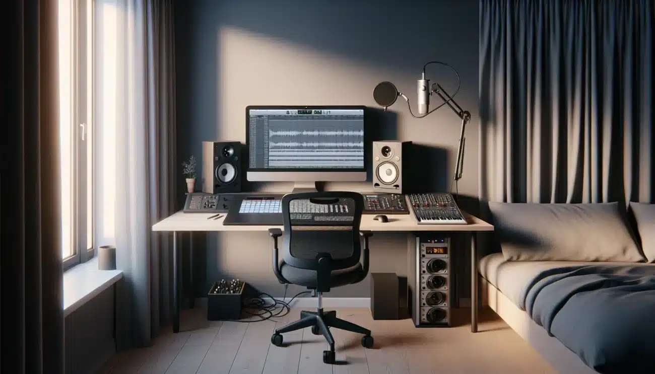Compact norwegian home studio with digital art tablet and music production setup