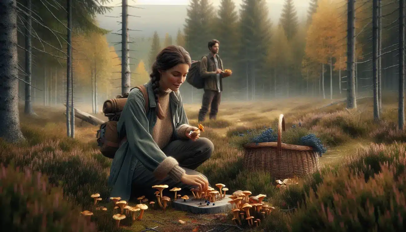 Couple carefully foraging mushrooms and berries in a norwegian autumn forest