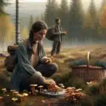 Couple carefully foraging mushrooms and berries in a norwegian autumn forest