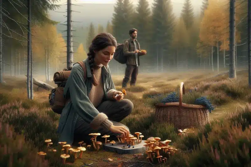 Couple carefully foraging mushrooms and berries in a norwegian autumn forest