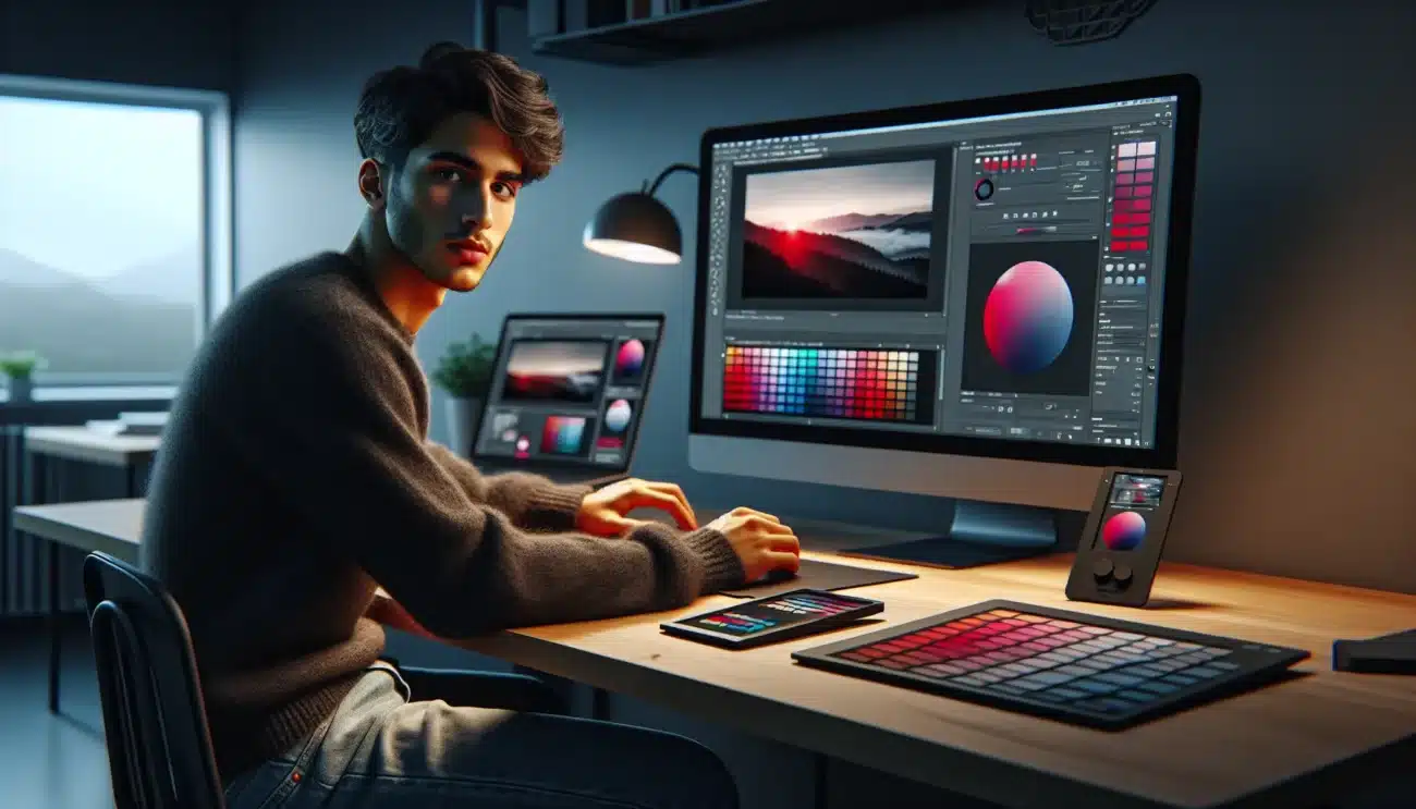 Designer in norwegian studio using color management for consistent digital and print colors