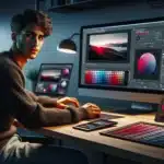 Designer in norwegian studio using color management for consistent digital and print colors