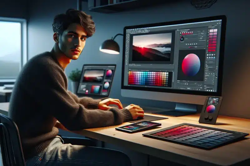 Designer in norwegian studio using color management for consistent digital and print colors