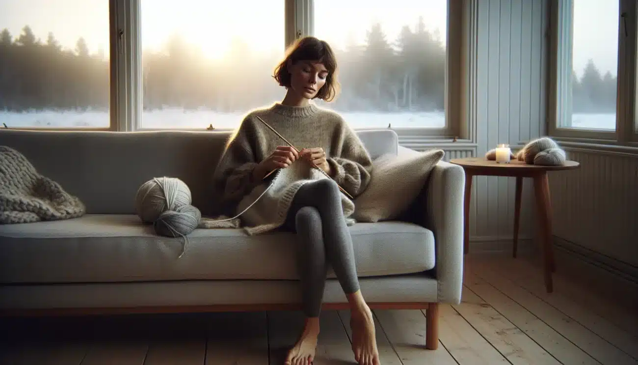 Kvinne i norsk stue sitter rolig og strikker som mindful handarbeid