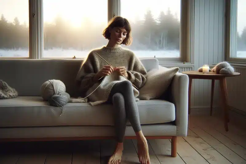 Kvinne i norsk stue sitter rolig og strikker som mindful handarbeid