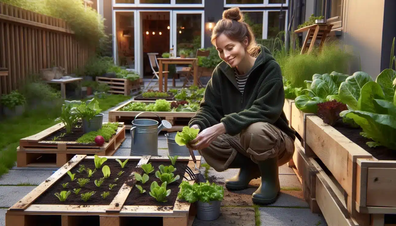 Liten norsk hage tettplantet med gr nnsaker i kasser potter og espalier
