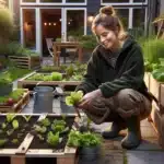 Liten norsk hage tettplantet med gr nnsaker i kasser potter og espalier