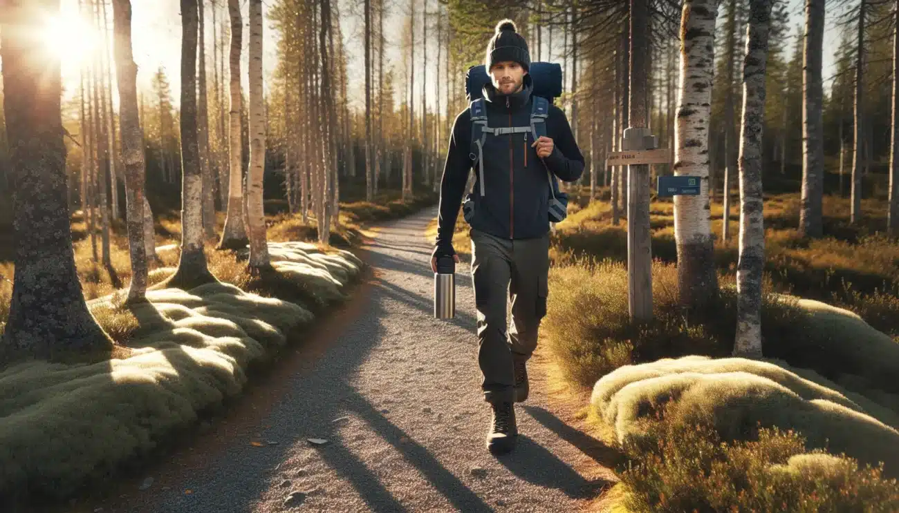 Norwegian adult walking briskly on a forest path near homes on a clear morning
