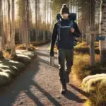 Norwegian adult walking briskly on a forest path near homes on a clear morning