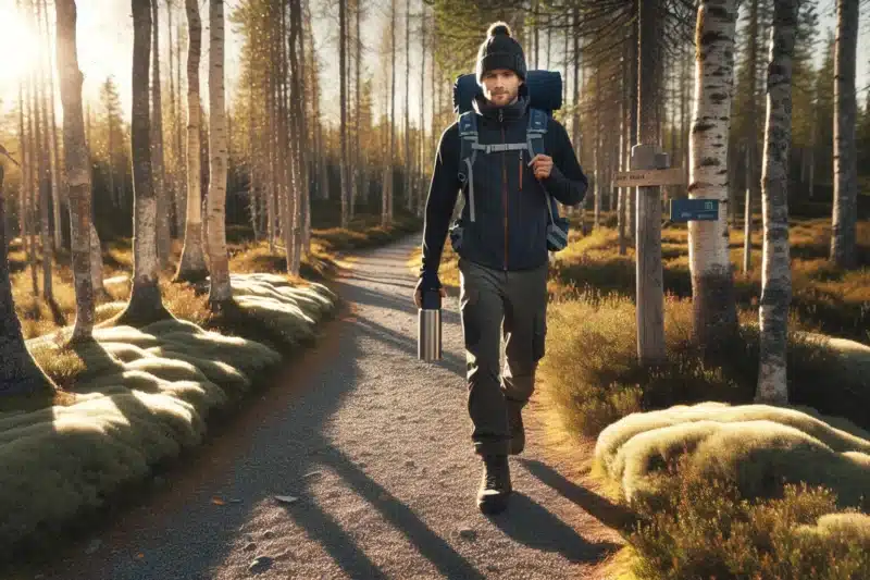 Norwegian adult walking briskly on a forest path near homes on a clear morning