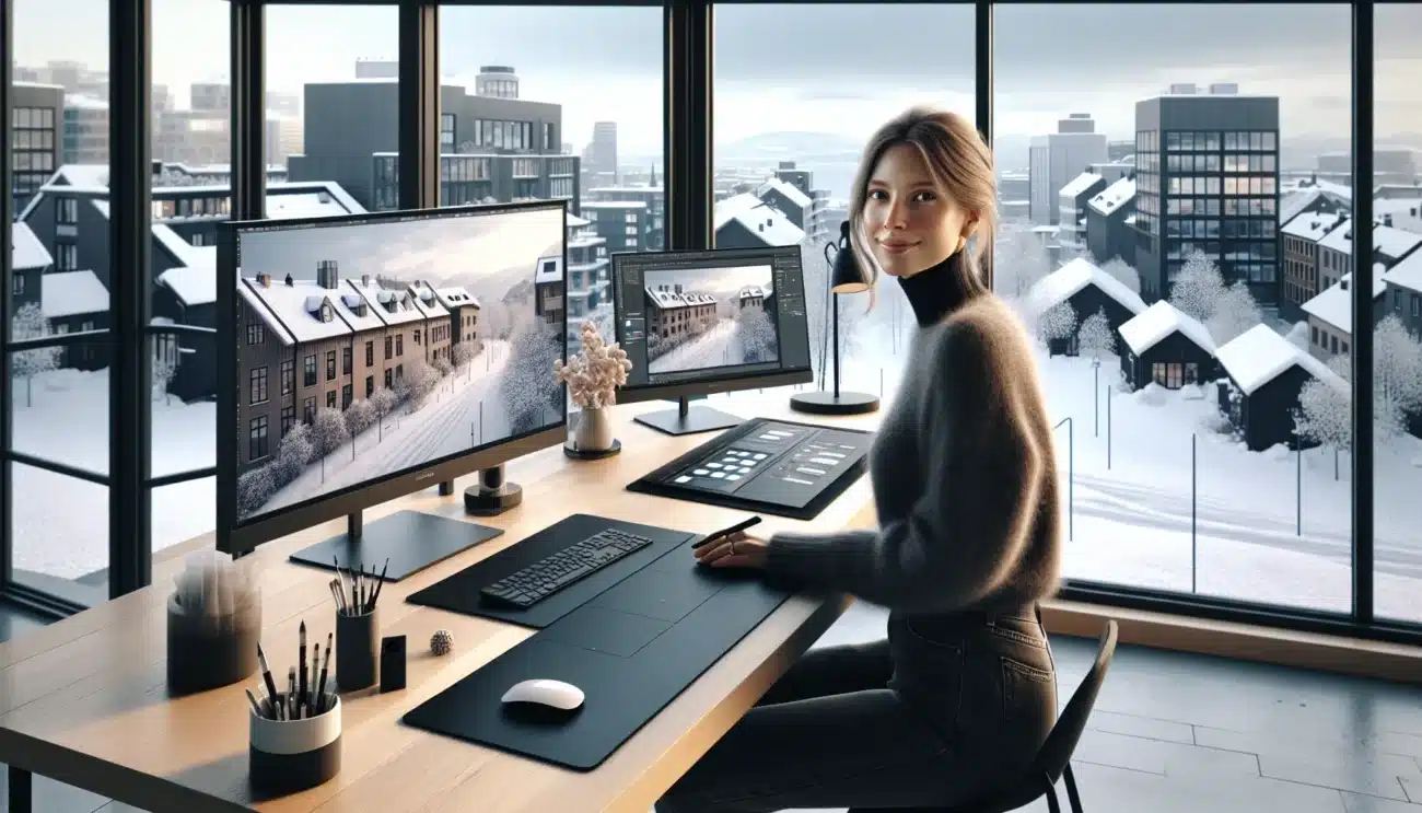 Norwegian designer uses ai tools on dual monitors to refine digital artwork