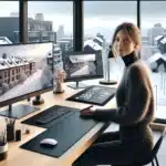 Norwegian designer uses ai tools on dual monitors to refine digital artwork