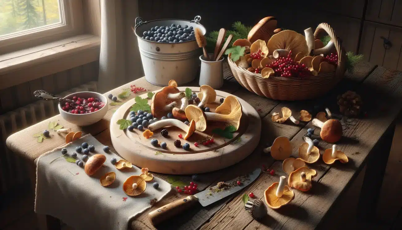 Norwegian kitchen table with wild berries mushrooms and simple homemade dishes