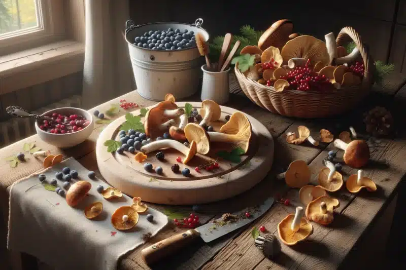 Norwegian kitchen table with wild berries mushrooms and simple homemade dishes