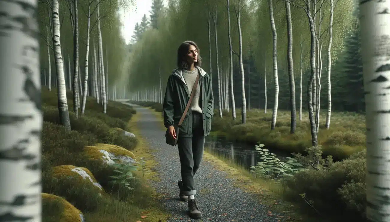 Norwegian woman on a calm forest path enjoying a short everyday micro hike