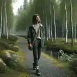 Norwegian woman on a calm forest path enjoying a short everyday micro hike
