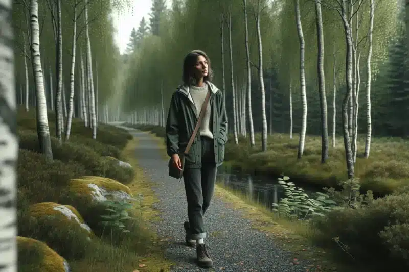 Norwegian woman on a calm forest path enjoying a short everyday micro hike