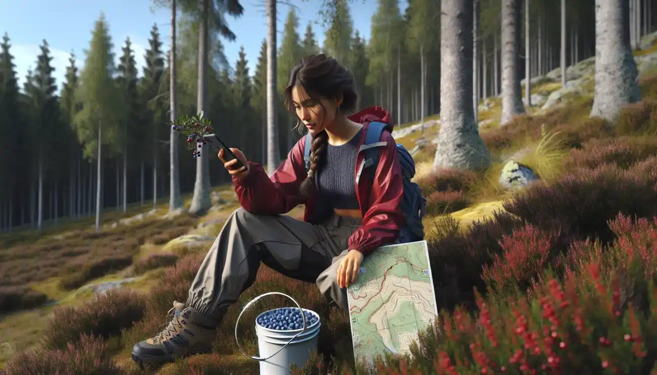 Woman using map app while picking berries in a norwegian late summer forest