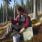 Woman using map app while picking berries in a norwegian late summer forest