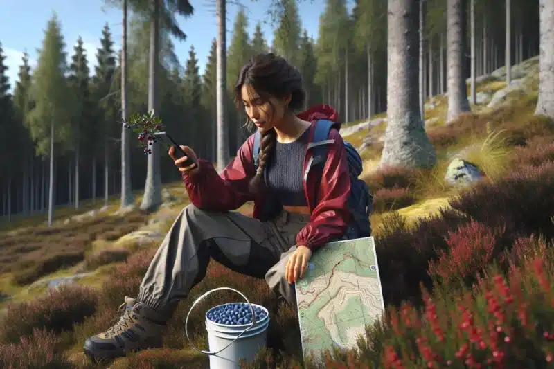 Woman using map app while picking berries in a norwegian late summer forest