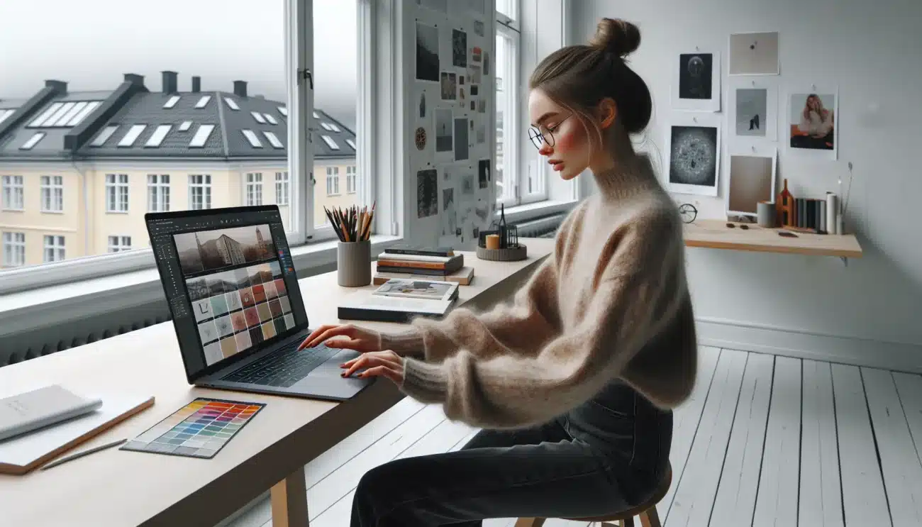 Young norwegian designer builds a digital art portfolio on laptop in bright studio