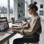 Young norwegian designer builds a digital art portfolio on laptop in bright studio