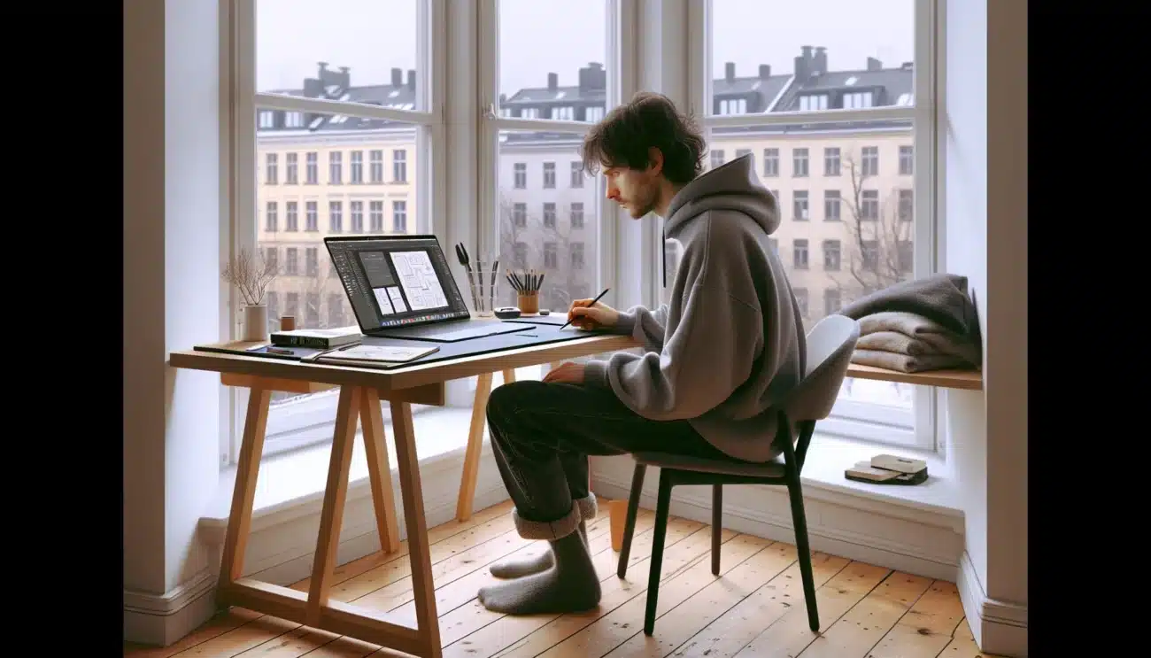 Young norwegian learning digital design on a laptop using budget friendly design apps