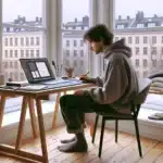 Young norwegian learning digital design on a laptop using budget friendly design apps